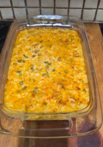 Spicy Corn Dip in baking dish on counter