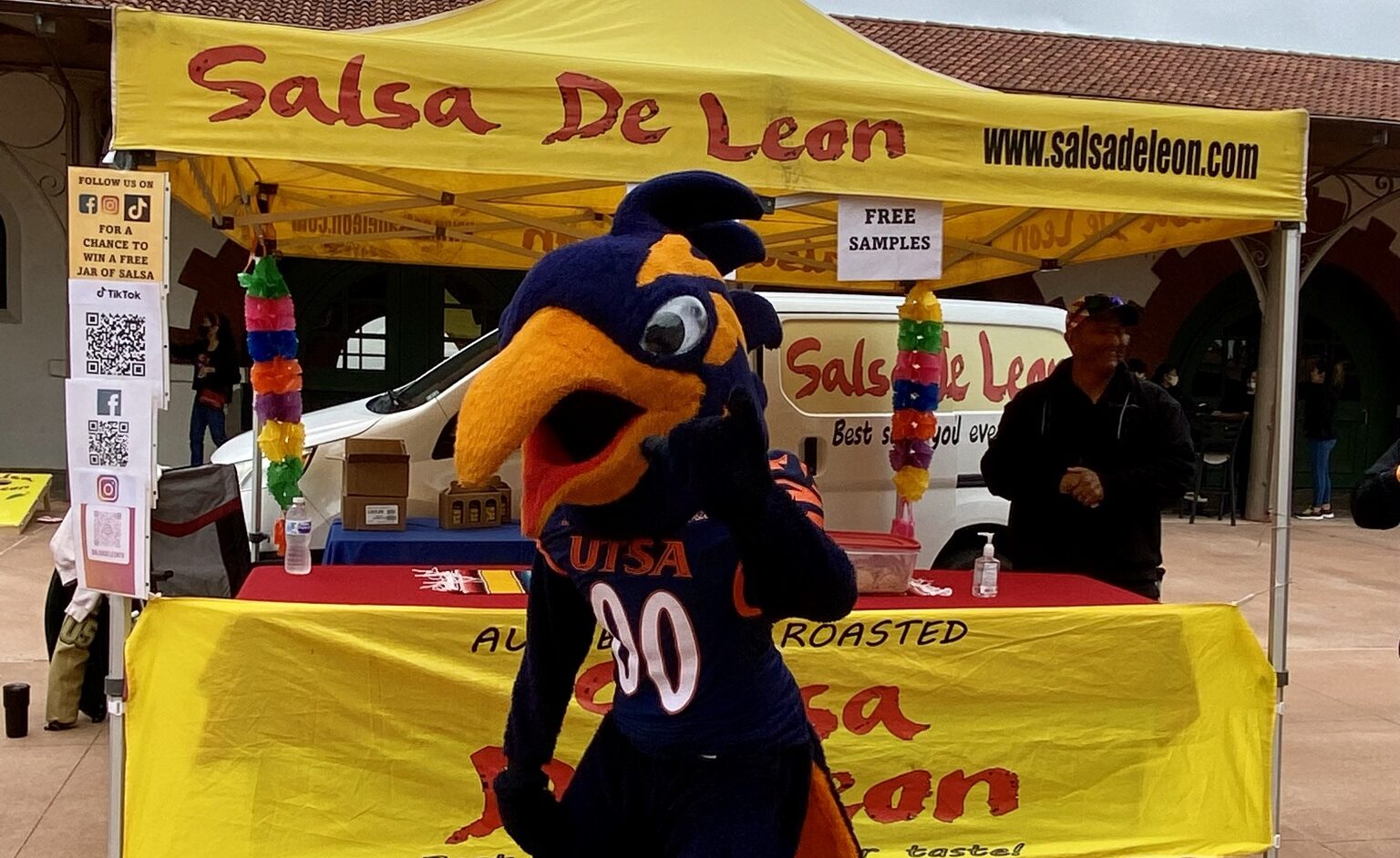 Rowdy Roadrunner in front of Salsa De Leon Tent Rowdy Roadrunner in front of Salsa De Leon Tent